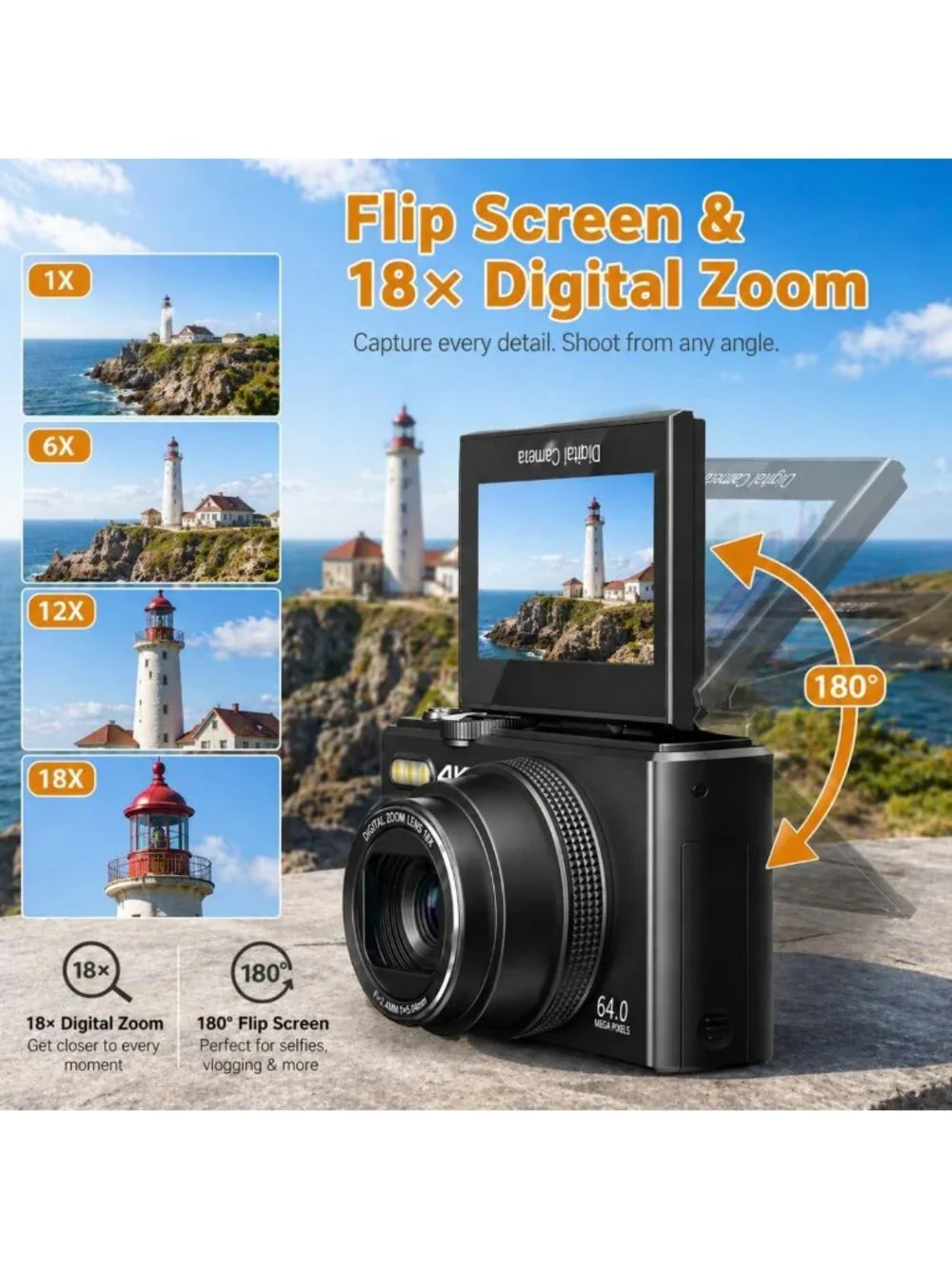 4K Digital Camera, 64MP Vlogging & Photography Camera for YouTube Content
